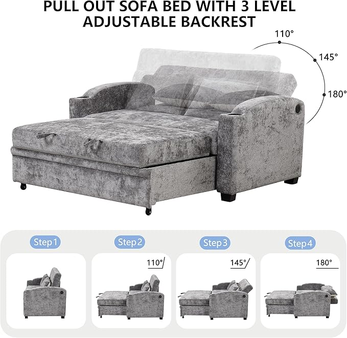 Convertible Loveseat Sofa with Adjsutable Backrest 61.6 Pull Out Sofa Bed with 2 Throws Pillows Cup Holders Chenille Loveseat Couch for Living Room Apartment (GrayCup Holders 4)