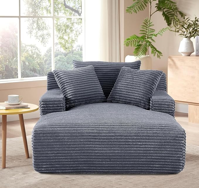 Container Furniture Chamden Oversized Chaise Lounge Chair Modern Corduroy Sofa Bed with Full Foam Cushioning Cozy Convertible Sleeper for Living Room or Bedroom Grey