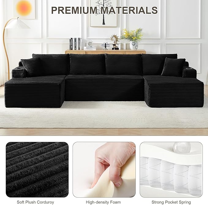 134 W Black U Shaped Boneless Couch Oversized Cloud Modular Sectional Sofa with Deep Chaise 4 Seat Corduroy Foam Compressed Cup Holders &amp Side Pockets for Living Room Apartment Large Spaces