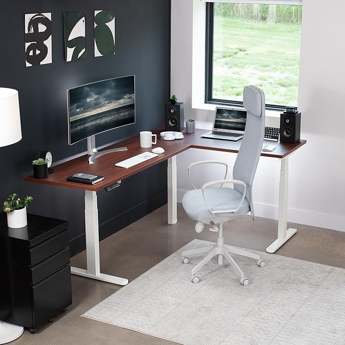 VIVO Electric 78 x 55 inch Square Corner Memory L Shaped Stand Up Desk Dark Walnut Table Top White Frame Corner Height Adjustable Workstation 3E-S Series DESK-KIT-3E5SWD