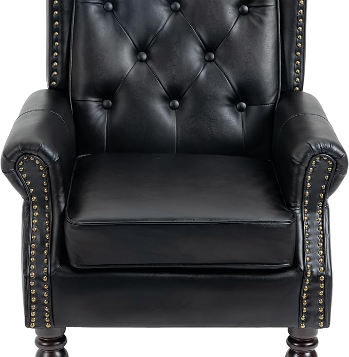 Bellemave Mid Century Wingback Chair PU Leather Button Tufted Upholstered Accent Armchair with Wood Legs Modern Living Room Chairs with High Back Leisure Single Sofa Chair for BedroomClub（Black）