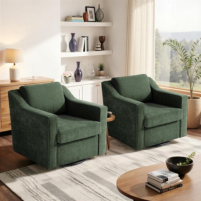 Swivel Accent Chair Modern Round Barrel Arm Chair for Living Room Bedroom Comfy Club Reading Chairs for Adults (Chenille Green Set of 2)