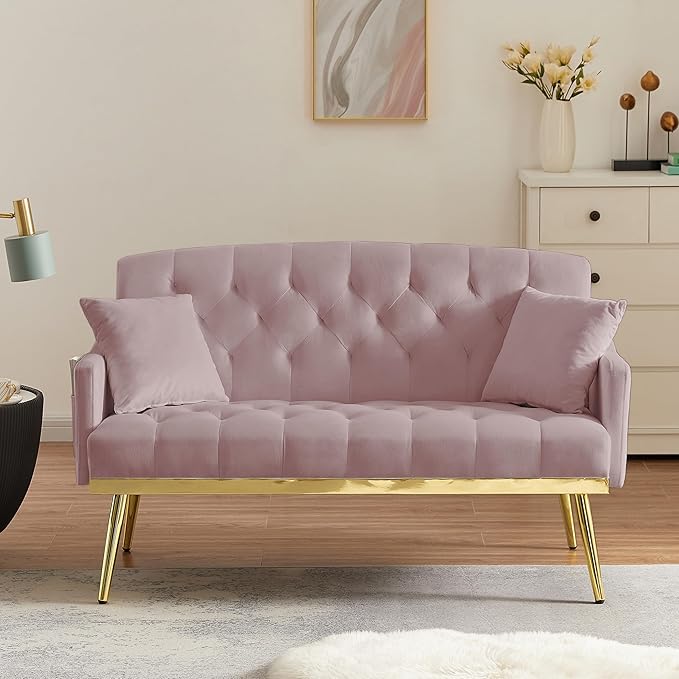 55-Inch Modern Velvet Loveseat Sofa with Gold Metal Legs &amp Side Pockets Tufted Backrest Perfect for Living Room Bedroom or Office (Pink)