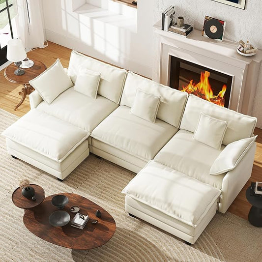 WorthFurni 111.4” Modular Sectional Sofa U Shape Cloud Couch with 2 Movable Ottoman Comfy Chenille Deep Seat Sofa with Soft Pillows for Apartment Living Room Bedroom（Beige）