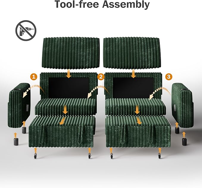 Sunny Heart 91 Plush Corduroy L Shaped Sectional Sleeper Sofa Bed with Pull Out Bed Reclining Backrest Reversible Storage Chaise USB Ports Cup Holders Tool Free AssemblyForest Green