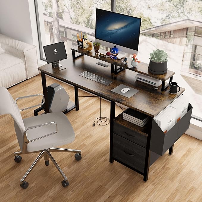 Home Office Desk with Side Pocket and Drawers Modern Computer Desk for Small Space Bedroom 47 Inch Gaming Desk with Power Outlet &amp 2 Movable Monitor Shelves (Rustic Brown)