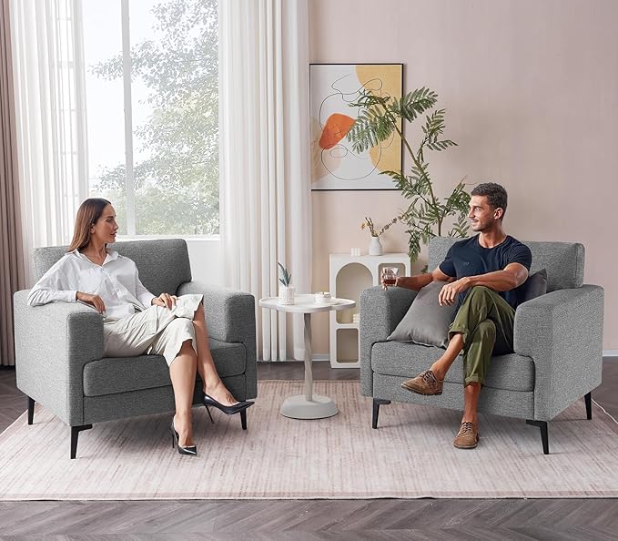 CDCASA Accent Chair Linen Fabric Oversized Mid Century Modern Chair Set of 1 Comfy Upholstered Armchair Reading Accent Chairs Sofa Chairs for Bedroom Living Room Dark Grey