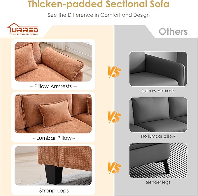 URRED Cloud Couch Modular Sectional Sofa 122 Modern U Shaped Deep Seat Sofa with 2 Ottomans &amp Pillows Ultra Comfy Chenille Couches for Living Room Bedroom or Apartment Orange