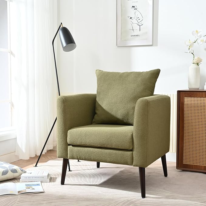 Barrel Chair Chenille Accent Chair Club ChairUpholstered Arm Chair with Solid Wood Legs Waist Pillow Padded Single Chair for Living Room/Bedroom/Study/Waiting Room