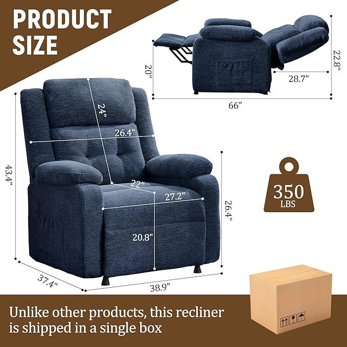 Power Recliner Chair Living Room Chairs for Adults Oversized Electric Recliner with Side Pockets Chenille Fabric Reclining Chair for Living Room Bedroom