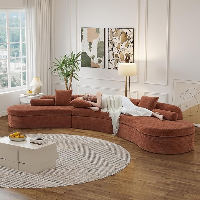 AVZEAR Curved Modular Sectional Sofa Chenille Upholstered Cloud 6 Seater Couch for Living Room No Assembly Modern Love Seat Sofa with 3 Bolster Pillows &amp 3 Square Pillows High-Density Foam Ora