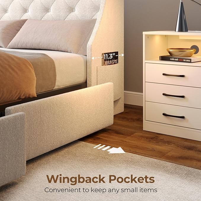 Rolanstar Full Bed Frame with LED Lights and Charging Station Upholstered Bed with Drawers Wooden Slats Noise Free Easy Assembly Beige