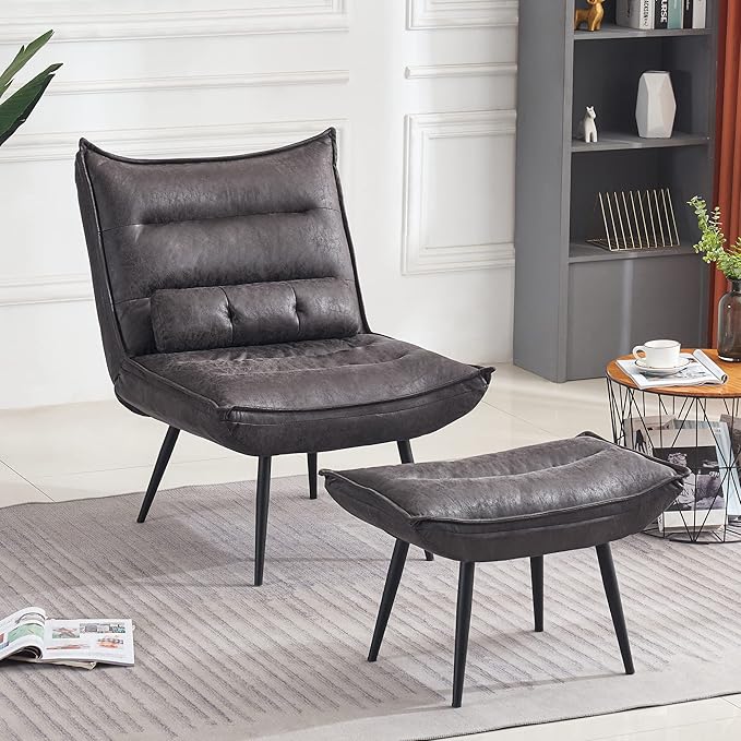 MCombo Wingback Accent Chair with Ottoman Modern Bronzing Fabric Upholstered Club Chair for Small Space Living Room 4400 (Dark Grey)