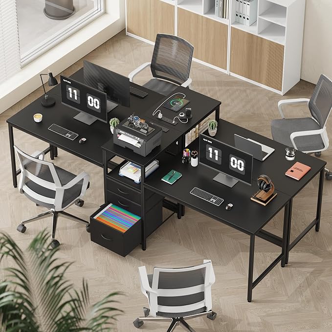 GYIIYUO 93'' Two Person Gaming Desk with Charging Station Long Desk with 3 Drawers and Printer Shelf Double Computer Desk 2 Person Writing Study Table Workstation for Home Office Black