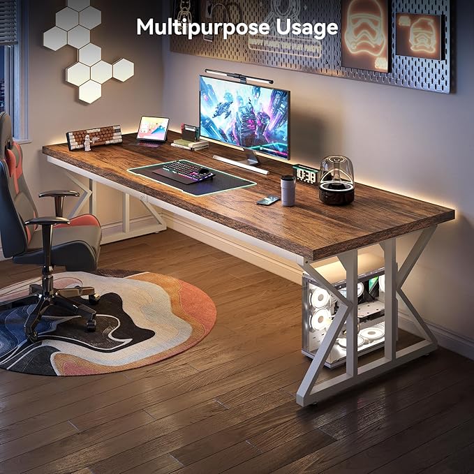 LITTLE TREE 78.7 Inch Large Executive Desk Modern Computer Office Desk Wooden Writing Desk Study Table for Home Office Rustic Brown-White