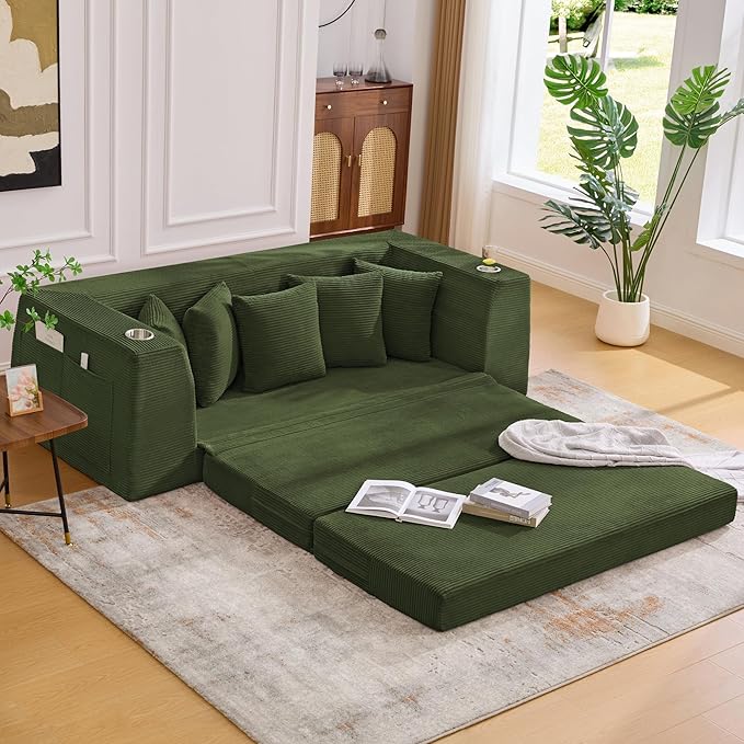 KEIKI 82 Corduroy Modular Sectional Sofa Bed with 5 Pillows &amp 2 Side Pocket &amp 2 Cup Holders Convertible 3-Seater Sleeper Couch with Memory Foam Cushion No Assembly Required for Living Room