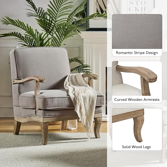HULALA HOME Mid-Century Modern Accent Chair Upholstered Lounge Arm Chair with Solid Wood Legs and Armrest Removable Cushion Comfy Retro Reading Armchair for Living Room Bedroom Balcony Grey