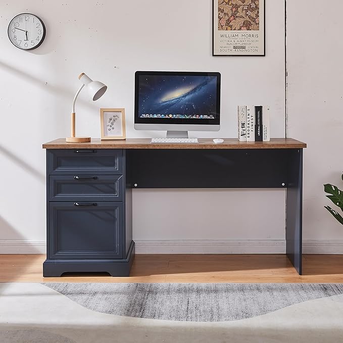 60 Farmhouse Executive Desk with Charging StationHome Office Desk with 2 Drawers &amp1 File CabinetWood Work Desk for Office and Home (Blue)