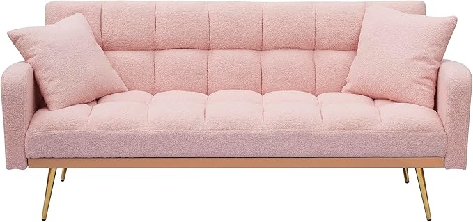 Convertible Futon Loveseat Couch Reversible Loveseat Folding Daybed Guest Bed Tufted Teddy Fleece Upholstered Convertible Sleeper Sofa Bed with Golden Metal Legs and 2 Pillows for Living Room Office