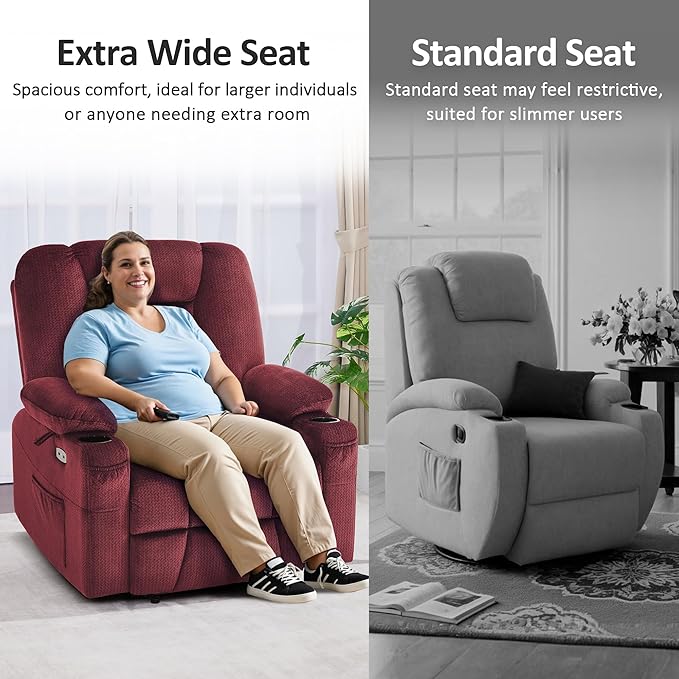 MCombo Oversized Power Lift Recliner Chair Sofa with Massage and Heat for Elderly People Petite USB Ports Side Pockets Fabric R7561 (Burgundy Small-Oversize)