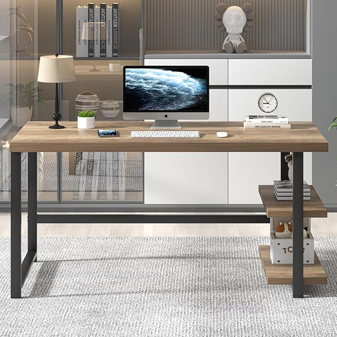 FOLUBAN Computer Desk Modern Home Office Desk with Storage Shelves Writing Study Gaming Table for Living Room Bedroom Rustic Oak 53 Inch