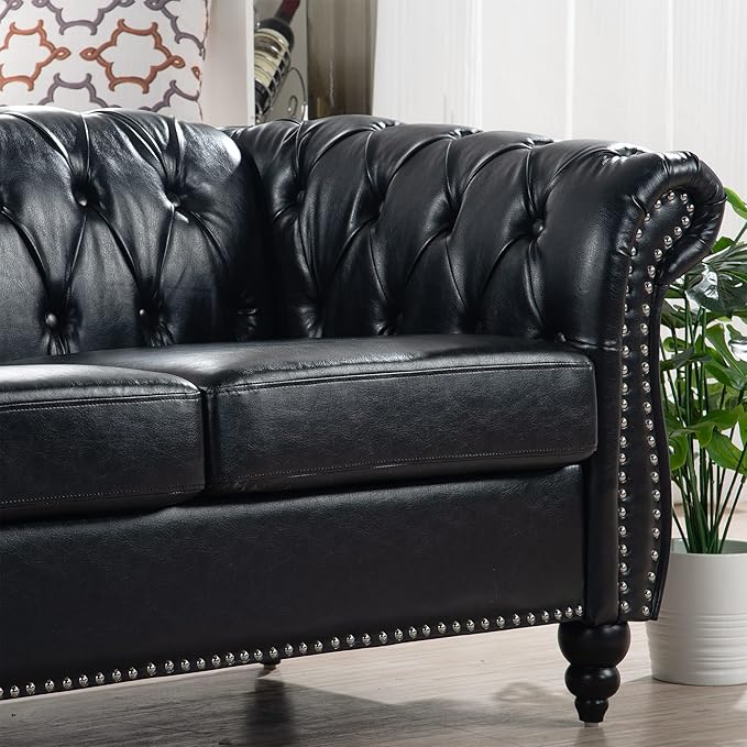 KEIKI 85 PU Leather Chesterfield Sofa with Rolled Arms &amp High Resilience Cushion Modern Style Upholstered 3-Seater Button Tufted Couch with Birch Legs Easy Assembly for Living Room Black