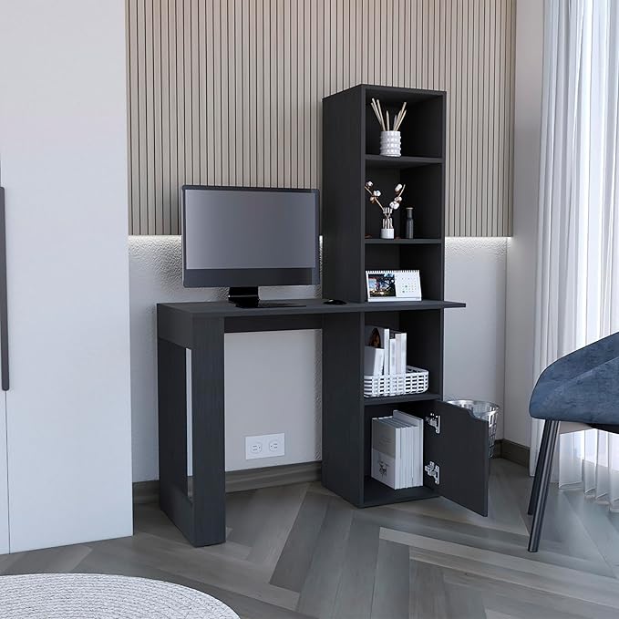 Office Desk with Four-Tier Bookcase and Lower Cabinet Home Office Desks Computer Desk Black Wengue Finish