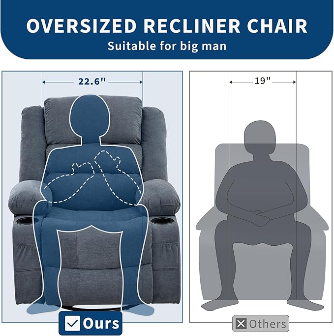 360° Swivel Recliner Chair for Adult Linen Rocker Chair with 3 Positions/2 Side Pockets/Cup Holders Manual Nursery Glider Rocking Chair for Bedroom Living Room Office