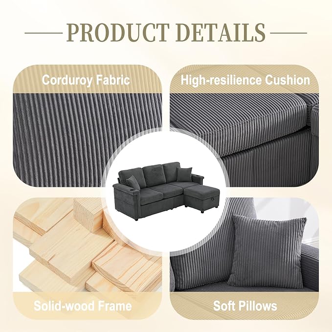 L-Shaped Sectional Sofa with Storage &amp Movable Ottoman Corduroy 3 Seater Sectional Couch with USB Charging Cup Holder &amp LED Light Couches for Living Room (Dark Gray 76.38)