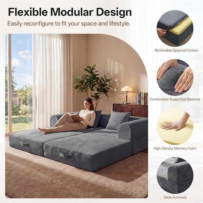 74.8’’ Boneless Modular Convertible Sofa Bed Fold-Out Floor Couch Loveseat All-Foam Futon Mattress Couch Corduroy Sleeper Sofa for Living Room &amp Small Spaces No Assembly Required Gray