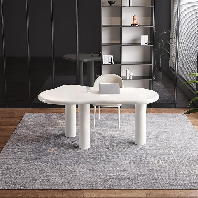 Modern 62.2 Cloud-Shaped Cream White Office Desk with Sculptural Pillar Legs Rounded Corners Minimalist Computer Table Easy to Assemble Ideal for Home Office (Desk Only)