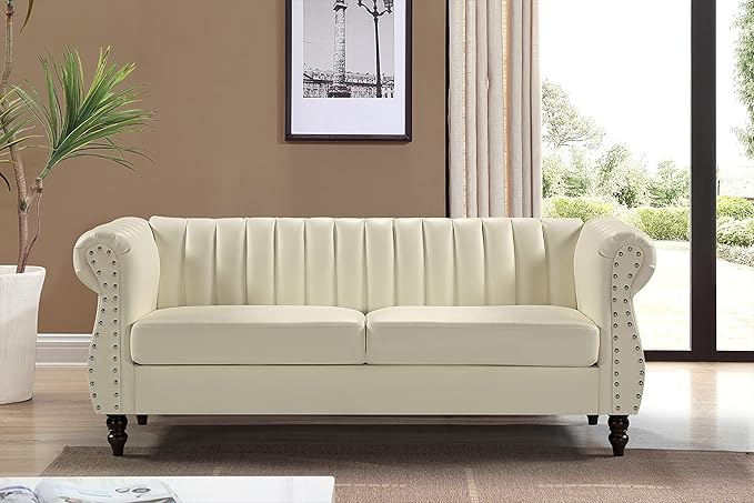 Chesterfield-Inspired 77 Faux Leather Sofa with Elegant Design Gourd Legs and Sustainable Pleather Upholstery 3 Seater Couch for Living Rooms and Offices Cream White