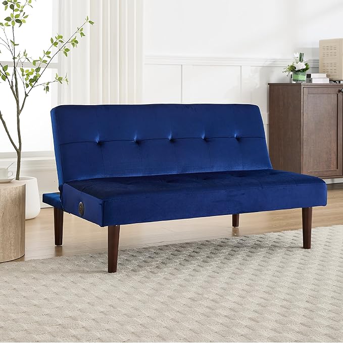 Anwick Convertible Futon Sofa Bed with Charging Port 45″ Folding Sleeper Sofa Adjustable Backrest Small Couch for Living Room Small Spaces Or Office Modern Loveseat (Blue)
