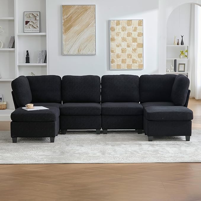 113 U Shaped Modular Sectional Sofa Couch with Storage Ottoman 6 Seat Convertible Upholstered Deep Seat Sleeper Sofa with Chaise Lounge Cloud Couch for Living Room Black