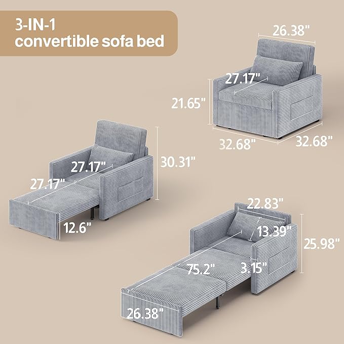 Ahomly 3 in 1 Convertible Sleeper Chair Corduroy Single Sleeper Sofa Bed for Adults 75.2 Long Pull Out Chair Bed with Side Pockets for Living Room Small Place Gray