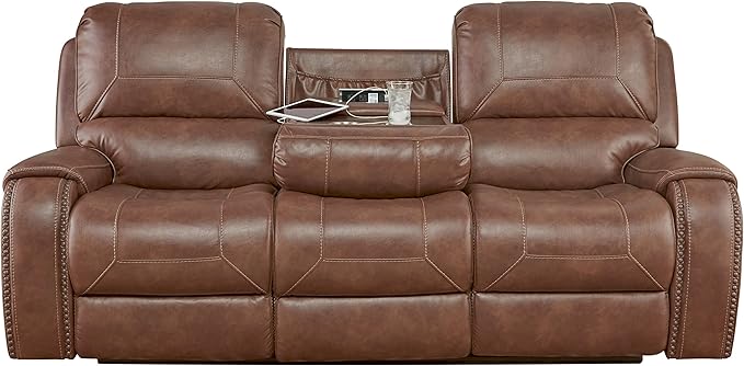 Roundhill Furniture Achern Leather Air Nail head Manual Reclining Sofa with Storage Console Brown