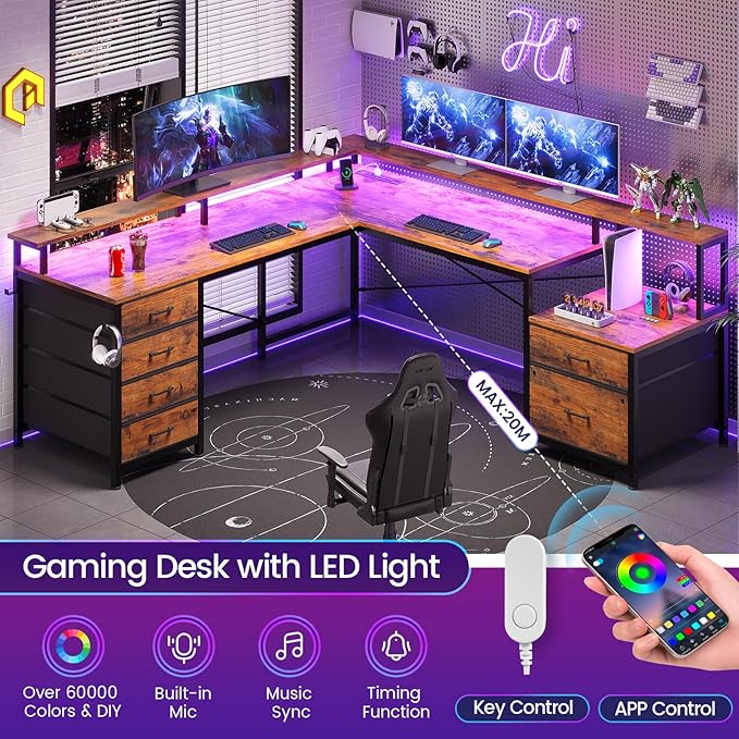 SEDETA L Shaped Desk with 6 Drawer 108 Home Office Desk with File Drawer &amp Power Outlet Corner Computer Desk with Monitor Shelf Two Person Desk Gaming Desk with Led Lights Rustic Brown