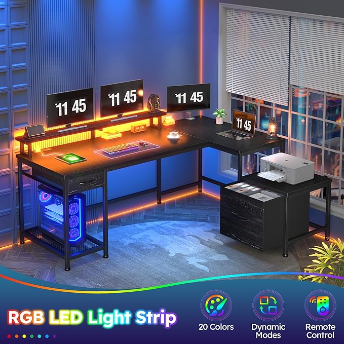 95.6'' Office Desk with LED Lights &amp Power Outlets L Shaped Gaming Desk with Drawers Two Person Computer Desks with Monitor Stand for Home Office Study Room and Bedroom Black