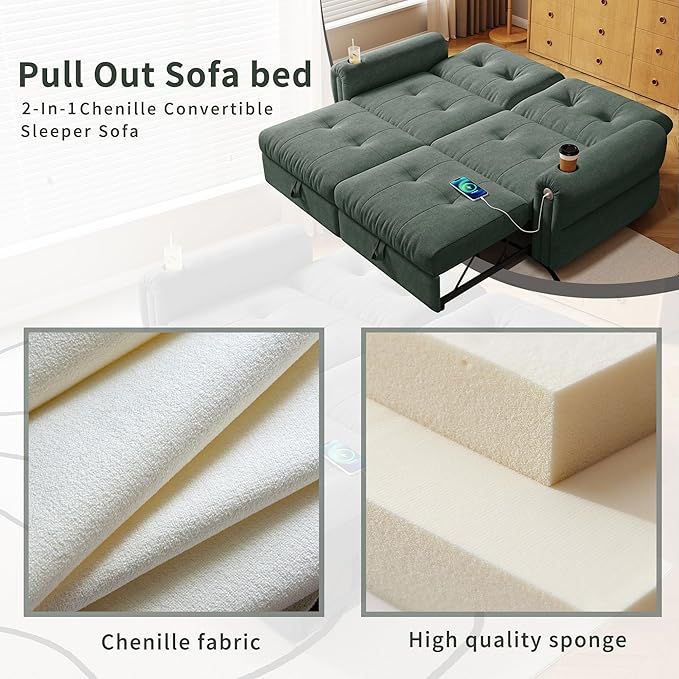 77 Pull Out Sofa Bed Velvet Convertible Sleeper Couch Loveseat Chaise Lounge with Cup Holder and USB Pullout Futon Sofa Bed for Living Room Bedroom Small Spaces RV (Green-)