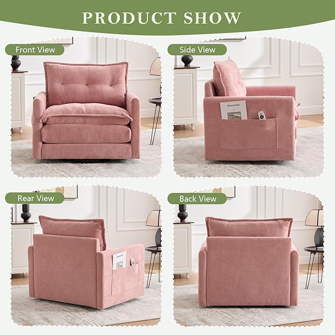 cinkehome Oversized Swivel Chair 36 Swivel Armchair Accent Chair for Living Room Mid Century Modern Thick Padded Arm Chairs Memory Foam Chenille Fabric