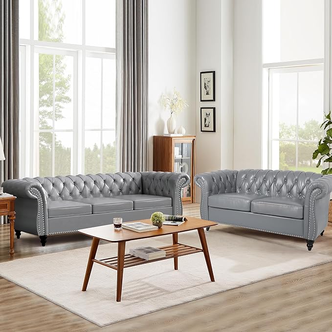 Leather Loveseat Chesterfield Love Seat Sofa for Living Room Mid-Century Modern Tufted Couple Couch 2 Seater with Rolled Arms Deep Button Tufting Nailhead Trim for Bedroom Home Theater (PU Grey)