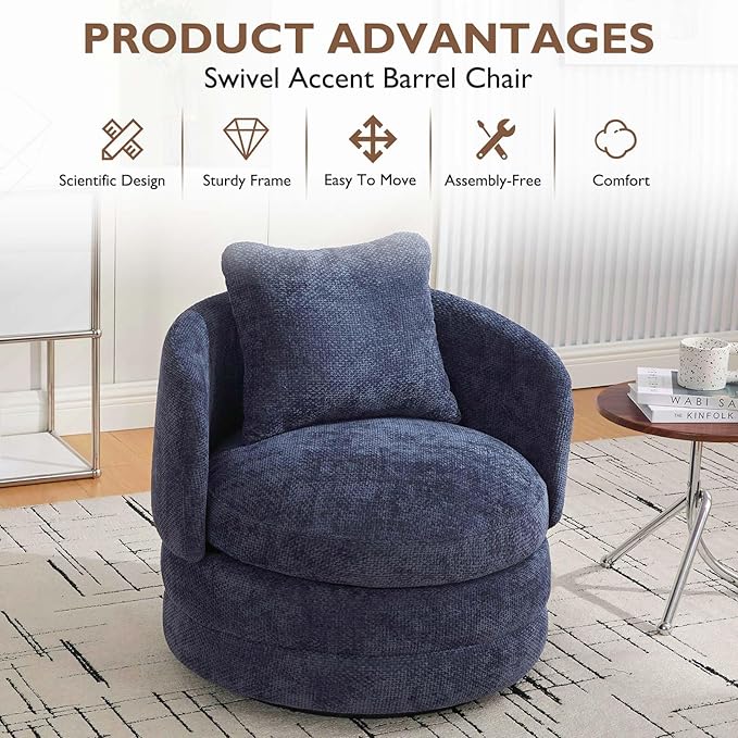 Beige Swivel Accent Chairs for Living Room Round Swivel Barrel Chair with Comfy Pillow &amp Curved Backrest Small Upholstered Armchair for Small Spaces Bedroom Office (Blue)