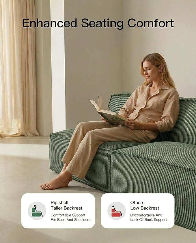 Pipishell Modular Sofa Cloud Couch with Deep Seat Corduroy Upholstered 2-Seater Couches for Living Room BedroomHigh Back No Assembly Required (Green)