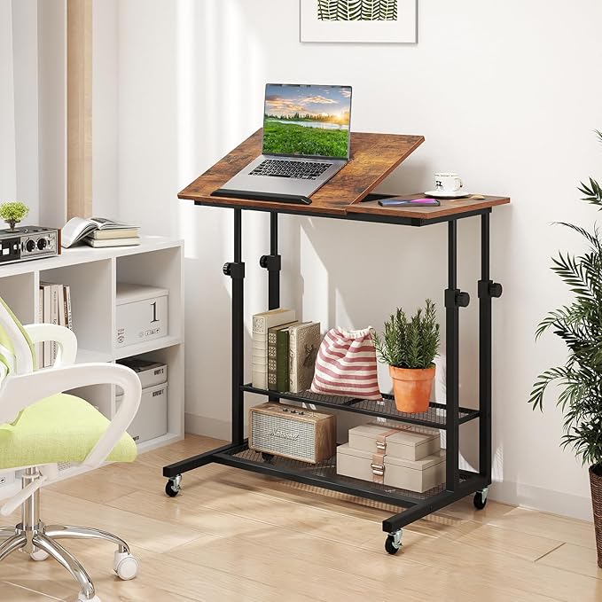 Giantex Mobile Standing Desk Adjustable Rolling Computer Desk w/Tilting Desktop &amp Storage Shelves PC Laptop Table Small Compact Desk on Wheels for Small Space Living Room &amp Bedroom (Rustic