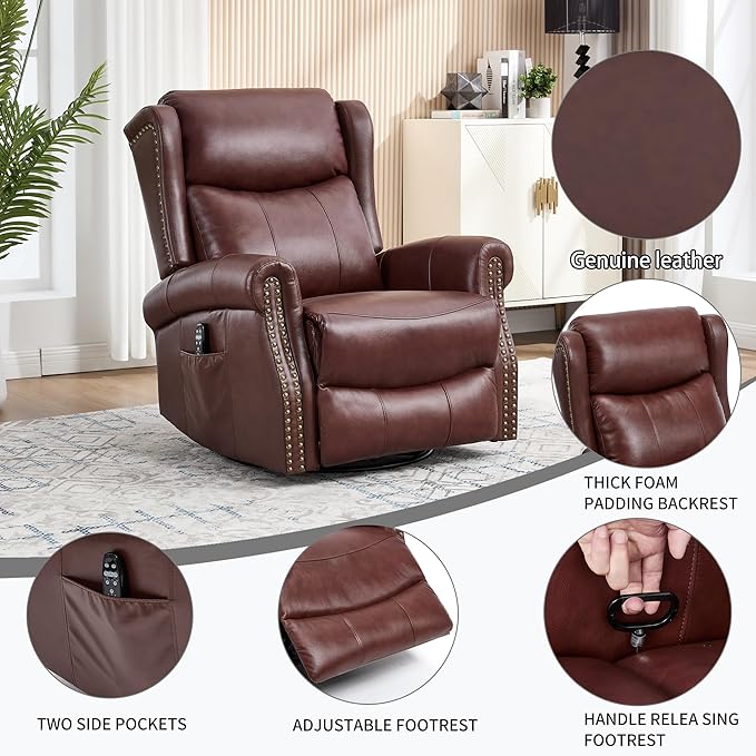 360° Swivel Glider Chair for Nursery Wingback Genuine Leather Rocking Recliner with Lumbar Heat &amp Massage 8-Point Vibration Massage for Living Room Bedroom