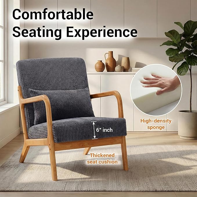 Accent Chair with Side Table Comfy Arm Chair with Solid Wood Frame Upholstered Mid-Century Modern Chair for Living Room Bedroom Waiting Room Gray