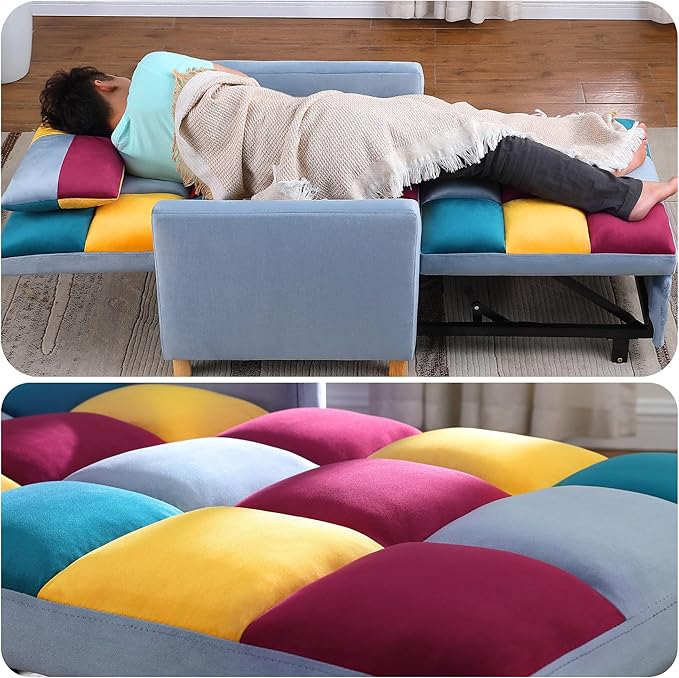 3-in-1 Convertible Sleeper Chair Sleeper Sofa Bed with Adjustable Backrest Lazy Sofa Bed with Pillow Recliner Chair with Sturdy Wood Frame for Living Room Apartment Dorm Rainbow