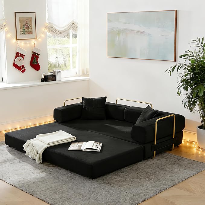 78 Convertible Sleeper Sofa Bed Corduroy Folding Sofa Bed with Fixed-Shape Frame Fold Out Floor Mattress Couch Lazy Compression Sofas for Living Room Bedroom No Assembly Required Black