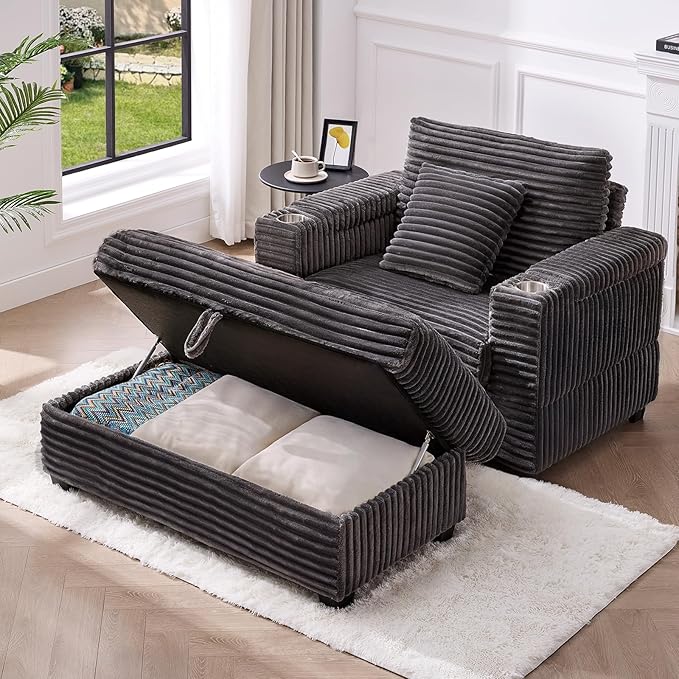 ONBRILL Corduroy Oversized Chair with Ottoman 44 Wide Armchair with Cup Holders &amp USB Port Reading Chair w/Storage Armrest Easy Assembly Comfy Single Sofa Bed for Living Room Apartment Grey