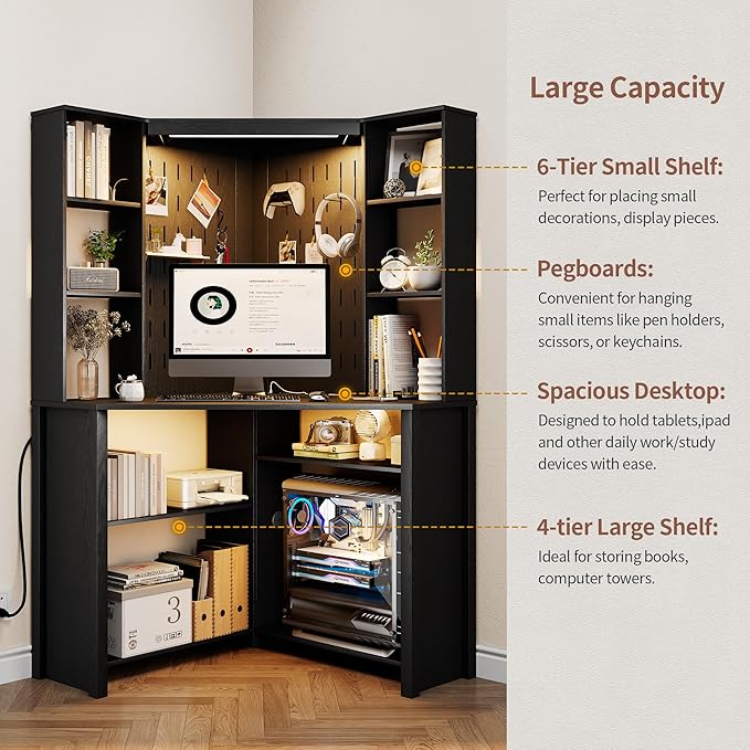 HNEBC Home Office Desk with Pull-Out LEDL-Shaped Corner Desk with LightsPower Outlet &amp Chariging StationComputer Desk with Hutch &amp 10 ShelvesPegboards for Work &amp StudyBlack